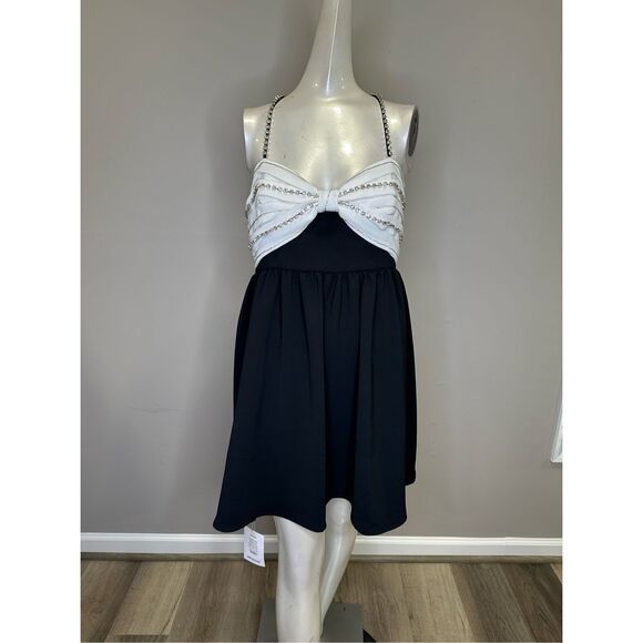 NWT Self-Portrait Crepe Embellished Two-Tone Mini Dress With White Bow Black 10 - Picture 4 of 9